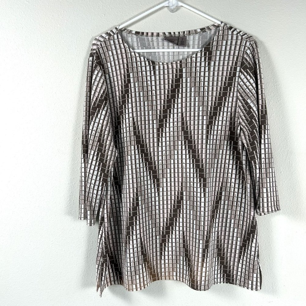 Easywear By Chicos Blouse Womens Size L 2 Brown Tan Geometric 3/4 Sleeve Top